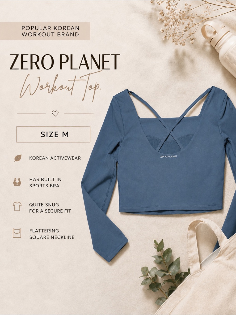 Zero Planet Korean Activewear Blue Long Sleeve Workout Top Built-In Bra Size M